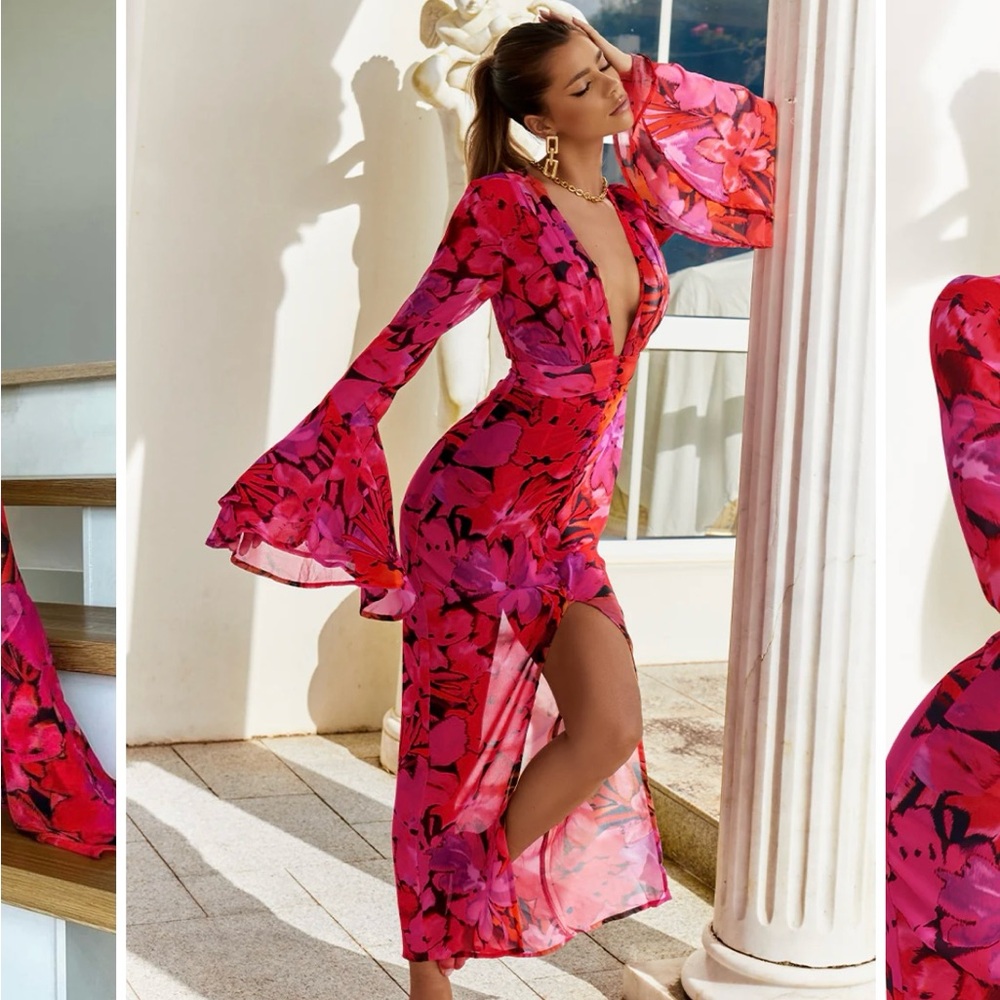 Elegant Floral Maxi Dress with Bell Sleeves